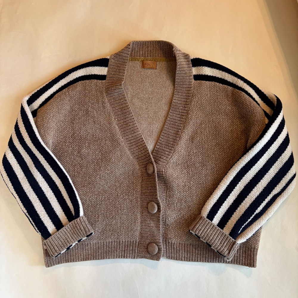 POL Womens Chenille Cardigan Sweater Brown Striped Sleeve V-Neck Large JST610A